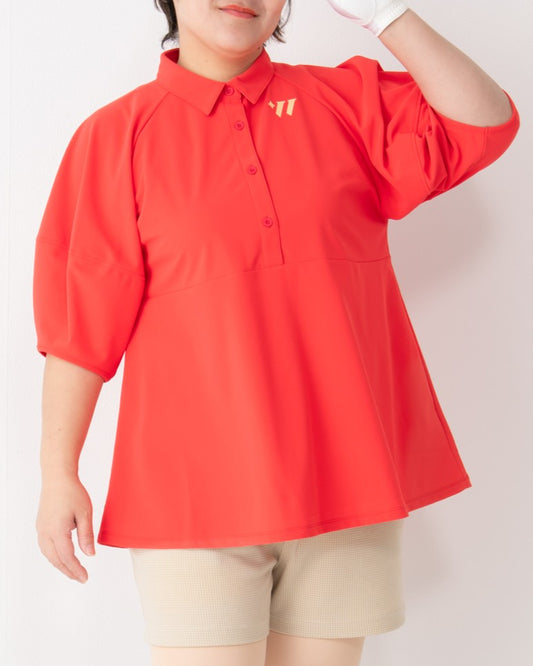 レディース ふんわり袖 Aラインポロシャツ ブラック