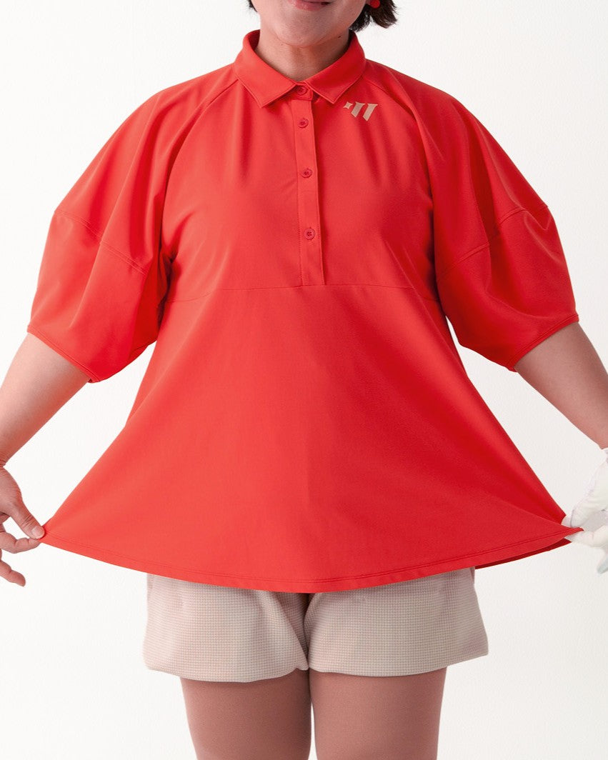 レディース ふんわり袖 Aラインポロシャツ ブラック