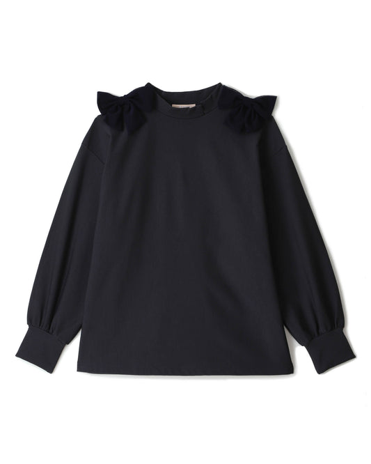 レディース 取り外しリボン付き吸湿発熱モックネックプルオーバー