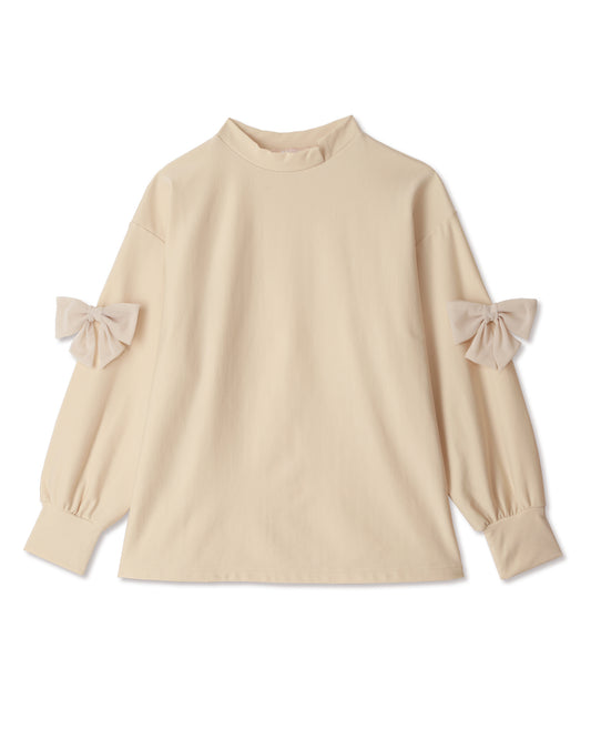 レディース 取り外しリボン付き吸湿発熱モックネックプルオーバー