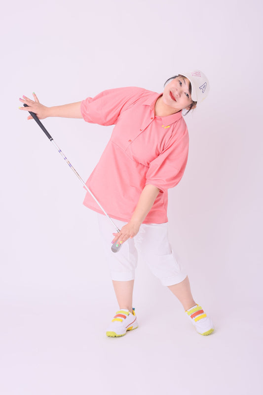 レディース ふんわり袖 Aラインポロシャツ さらさらドライタッチ サーモン