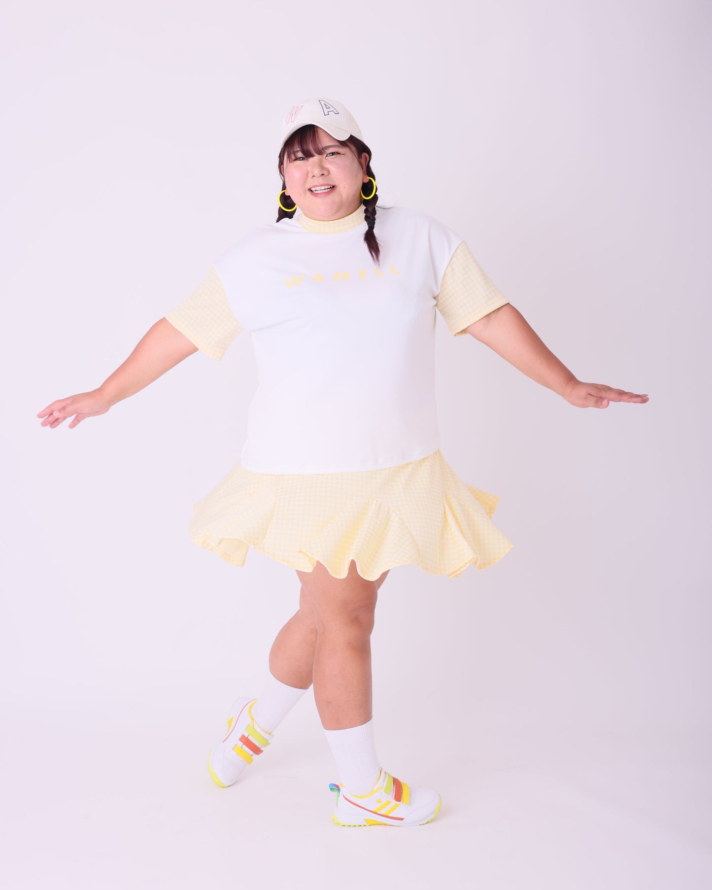 【セットアップ割】もっちり冷感スムースゆったりモックネック&インナーパンツ付きフレアスカート イエロー