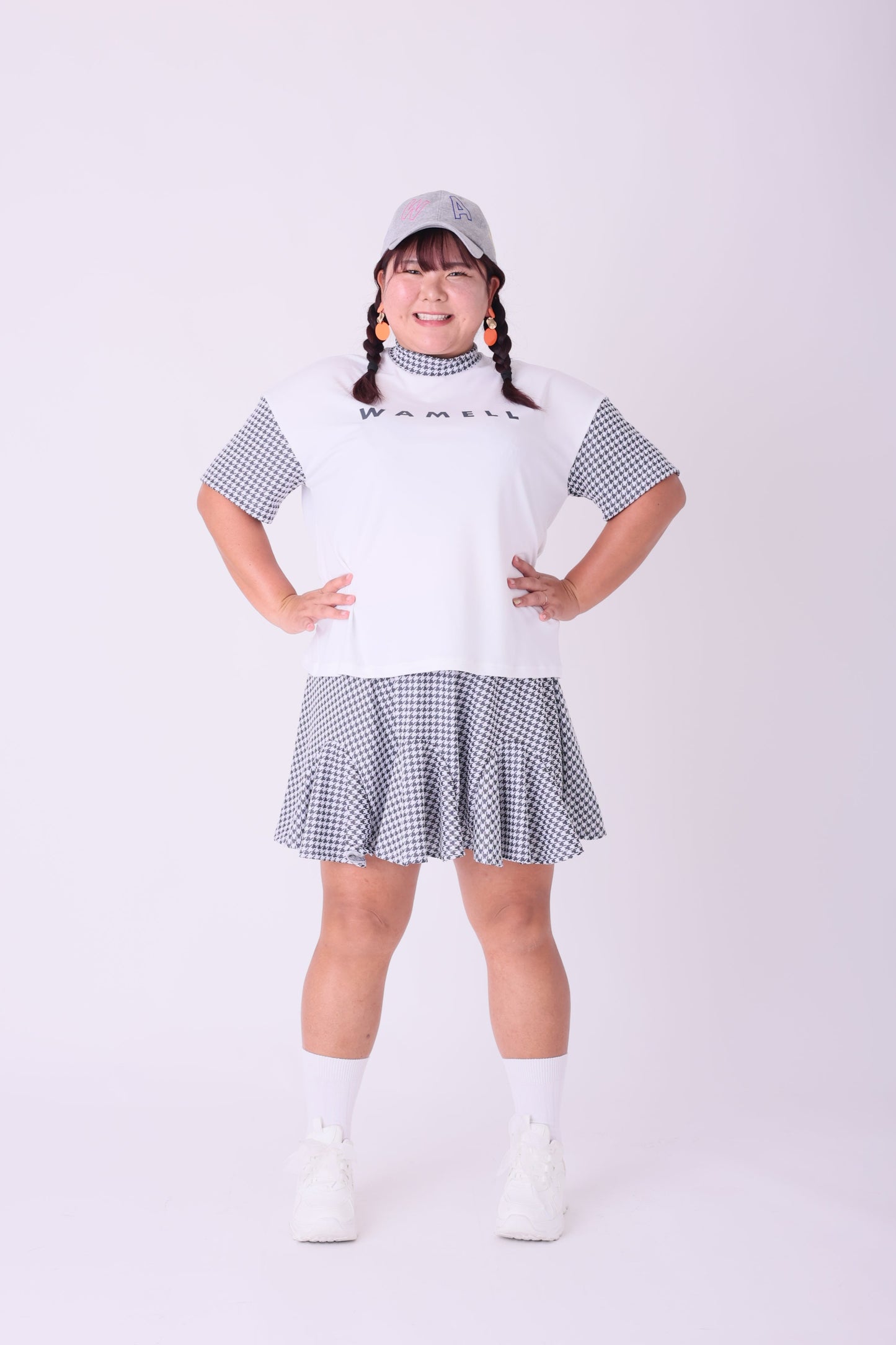 レディース 千鳥柄ストレッチフレアスカート 速乾インナーパンツ付き イエロー千鳥柄