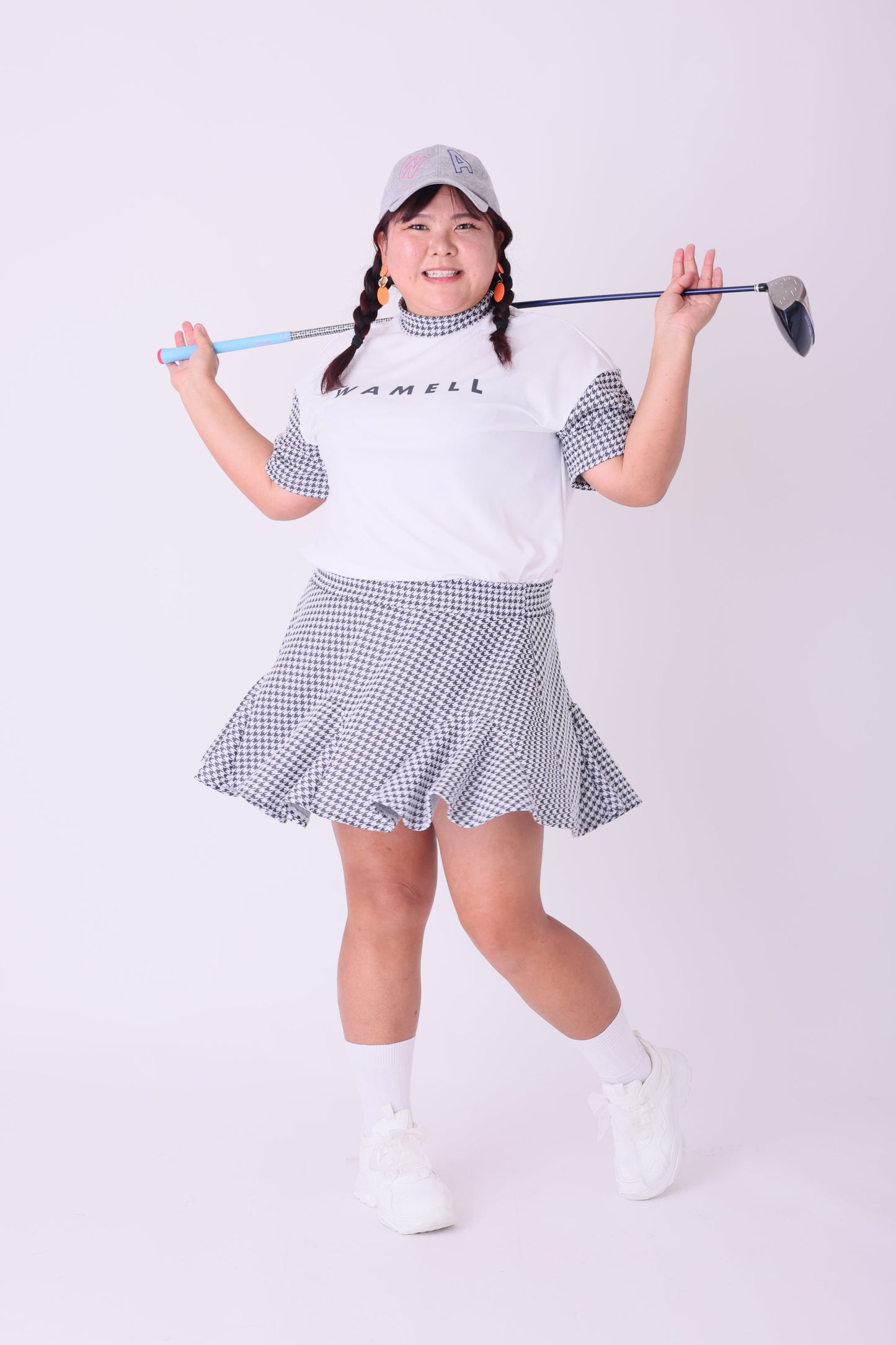 レディース 千鳥柄ストレッチフレアスカート 速乾インナーパンツ付き イエロー千鳥柄