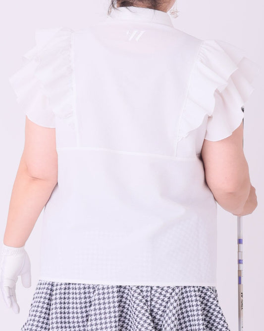 レディース 華奢見えフリルノースリーブドライストレッチポロシャツ 取り外しリボン付き ホワイト