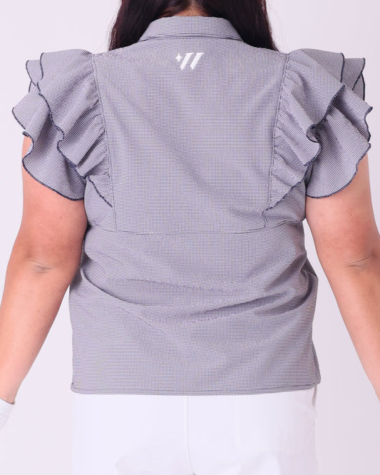 レディース 華奢見えフリルノースリーブドライストレッチポロシャツ 取り外しリボン付き グリーンチェック