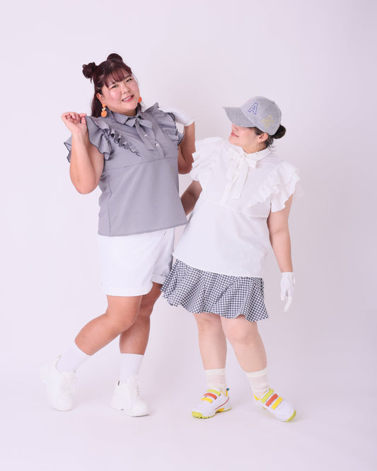 レディース 華奢見えフリルノースリーブドライストレッチポロシャツ 取り外しリボン付き ネイビーチェック