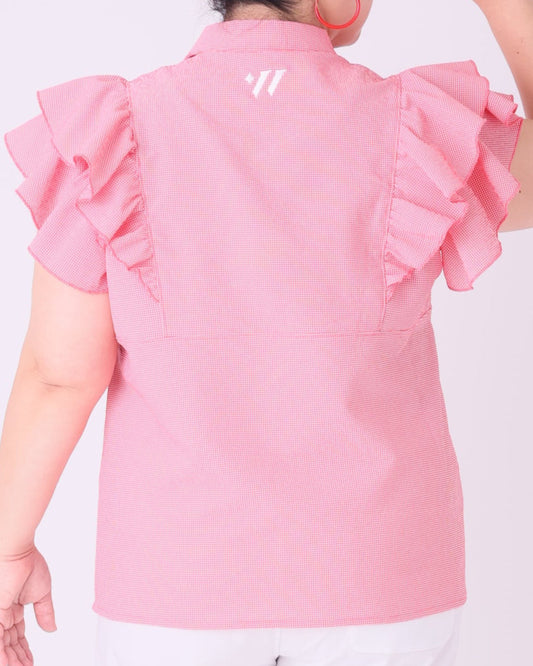 レディース 華奢見えフリルノースリーブドライストレッチポロシャツ 取り外しリボン付き レッドチェック