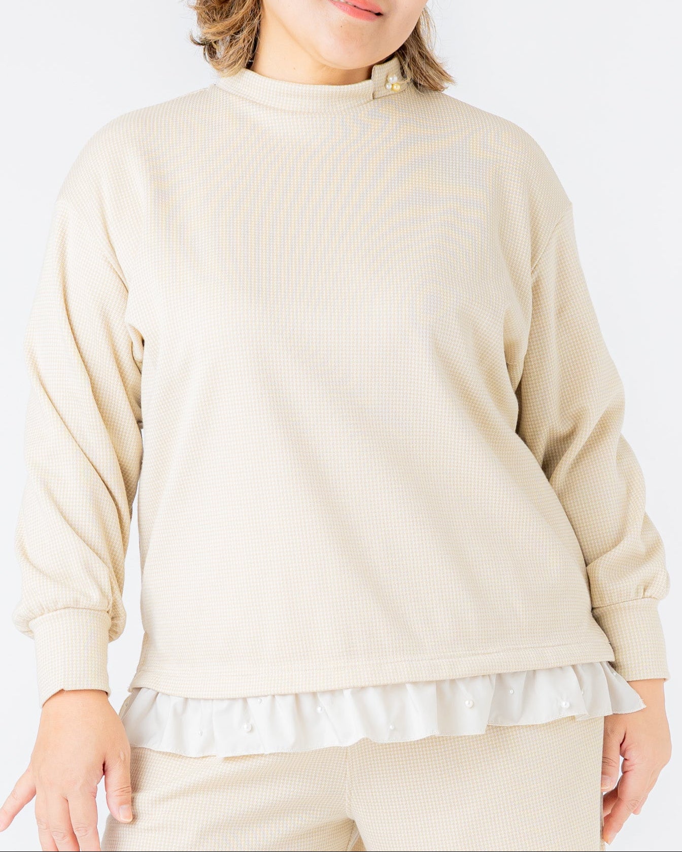 レディース　千鳥ジャガードパールフレア付きプルオーバー