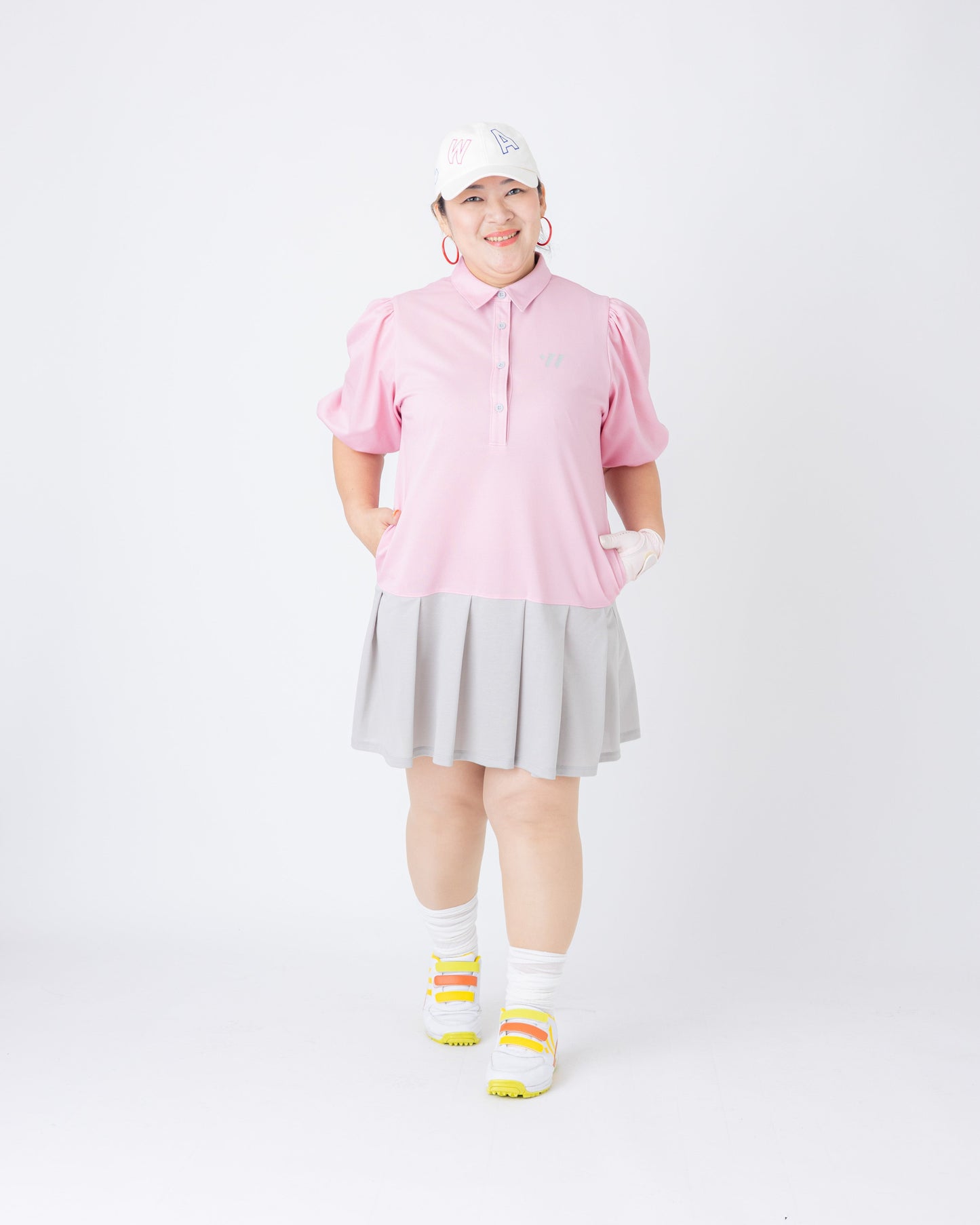 レディース　ふんわりお袖のさらさらドライタッチワンピース ローズピンク/グレー