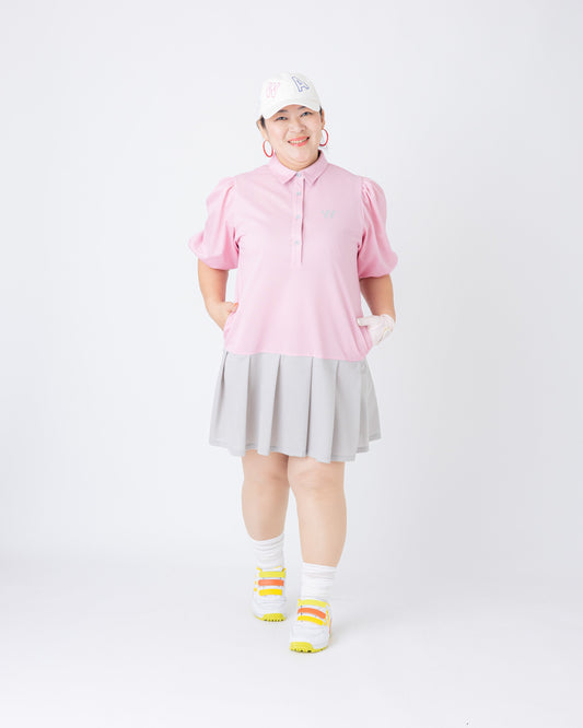 レディース　ふんわりお袖のさらさらドライタッチワンピース ローズピンク/グレー