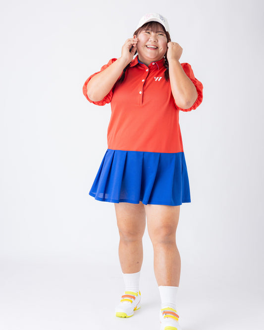 レディース　ふんわりお袖のさらさらドライタッチワンピース レッドオレンジ/ブルー